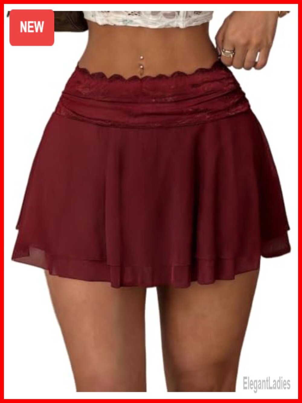Pleated Mini Skirt Lace Mesh Layered Ruffled A-Line Flared Ruffle Hem